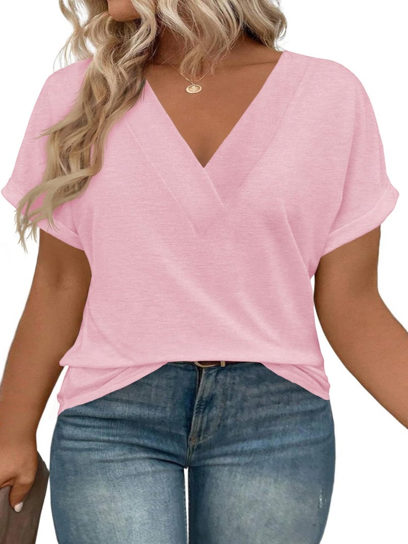 Beautife Womens Plus Size V Neck T Shirts Short Sleeve Summer Dressy Casual Tunic Tops Loose Fit Tees Blouse Light Pink - Image 1
