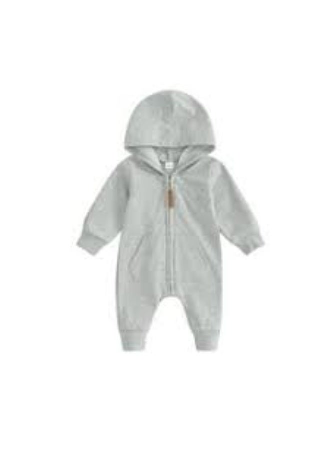 Hooded Baby Romper, Cotton Blend, Grey, Full-Zip - Image 2
