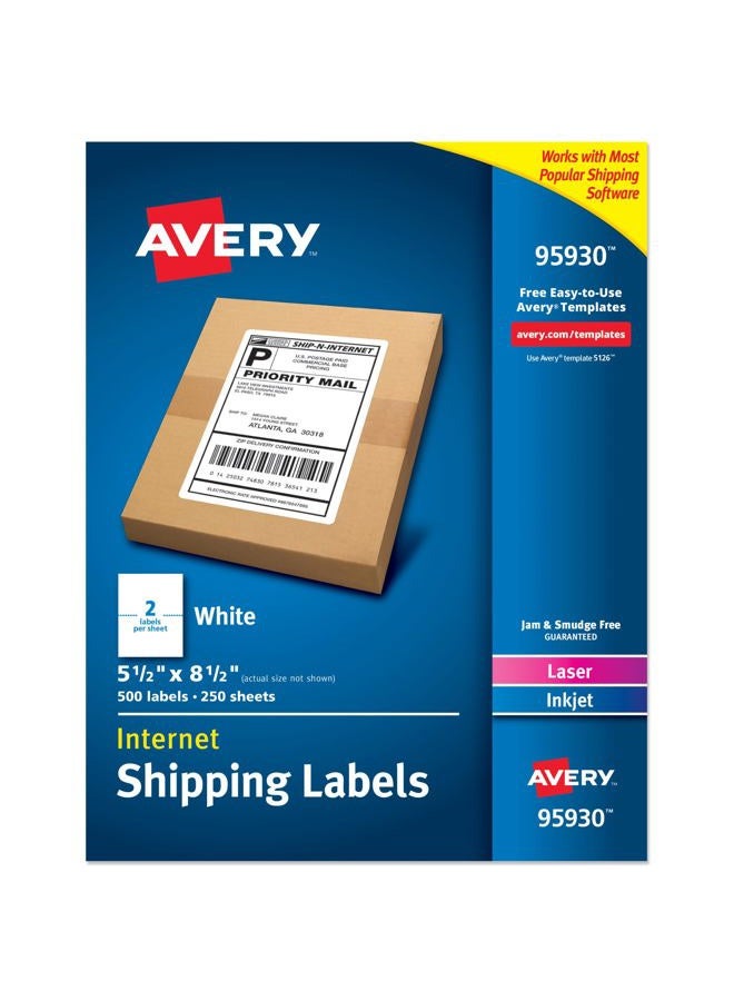 AVERY Shipping Address Labels, Laser & Inkjet Printers, 500 Labels, Half Sheet Labels, Permanent Adhesive (95930), White - Image 1