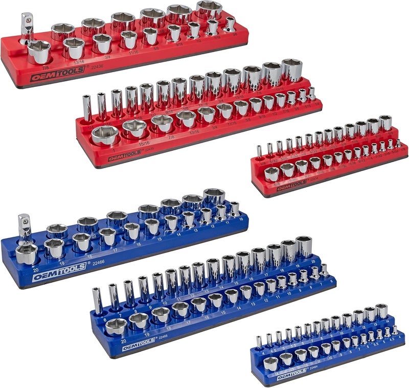 OEMTOOLS 22489 6 Pack Set Metric and SAE Magnetic Socket Organizers, Tool Box Socket Organizer for 1/4, 3/8, and 1/2 Inch Drive Sockets, Red and Blue - Image 1