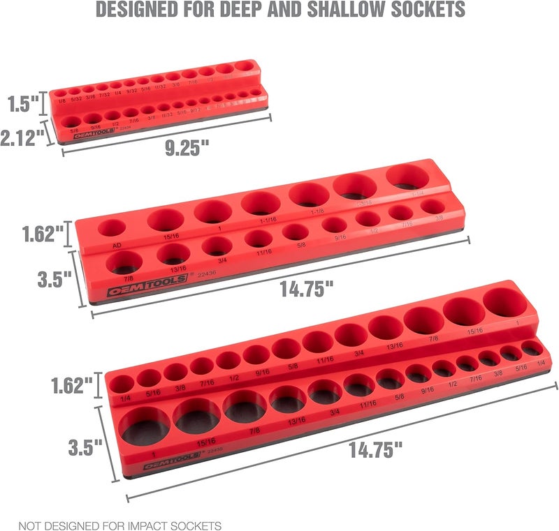 OEMTOOLS 22489 6 Pack Set Metric and SAE Magnetic Socket Organizers, Tool Box Socket Organizer for 1/4, 3/8, and 1/2 Inch Drive Sockets, Red and Blue - Image 3