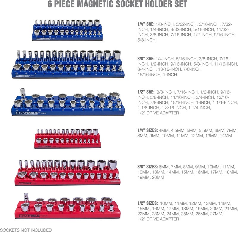 OEMTOOLS 22489 6 Pack Set Metric and SAE Magnetic Socket Organizers, Tool Box Socket Organizer for 1/4, 3/8, and 1/2 Inch Drive Sockets, Red and Blue - Image 2