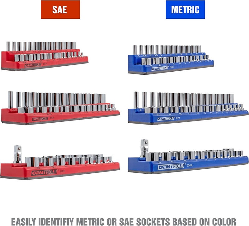 OEMTOOLS 22489 6 Pack Set Metric and SAE Magnetic Socket Organizers, Tool Box Socket Organizer for 1/4, 3/8, and 1/2 Inch Drive Sockets, Red and Blue - Image 4