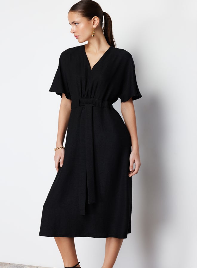 trendyol Black Tie Detailed A-line V-neck Midi Woven Dress - Image 1