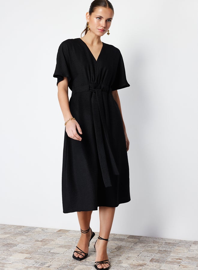 trendyol Black Tie Detailed A-line V-neck Midi Woven Dress - Image 2