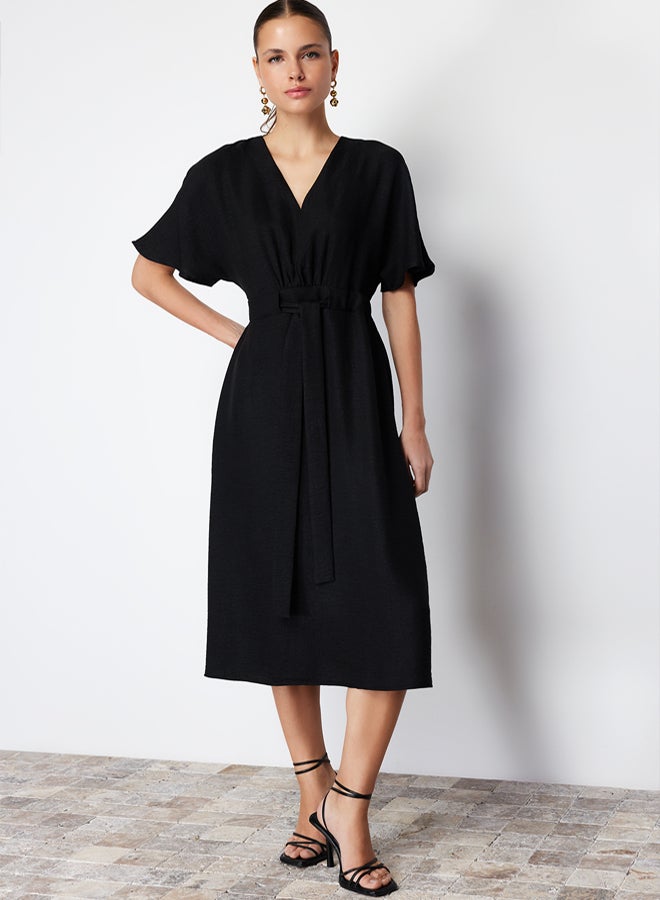 trendyol Black Tie Detailed A-line V-neck Midi Woven Dress - Image 3