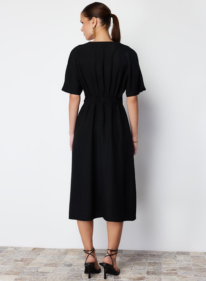 trendyol Black Tie Detailed A-line V-neck Midi Woven Dress - Image 5