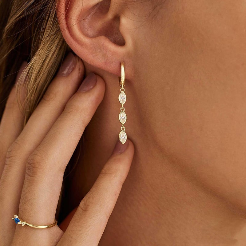 Fglqfam Gold Dangle Earrings for Women, 14K Plated CZ Huggie Drop Earrings, Dainty Long Chain Jewelry Gift for Women Teen Her (Marquise CZ) - Image 3