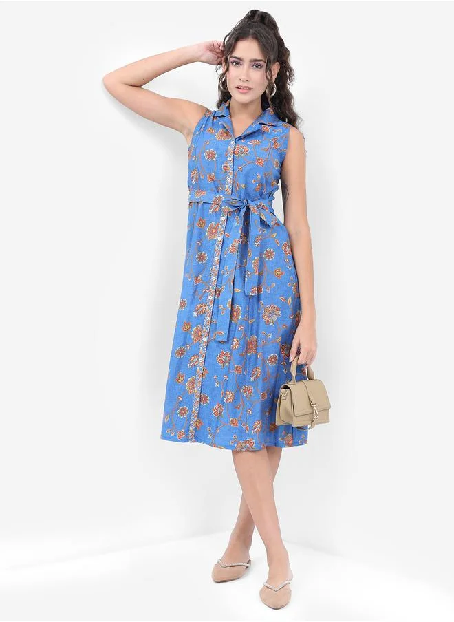 فيشود Vishudh Floral Printed Belted Shirt Midi Dress
