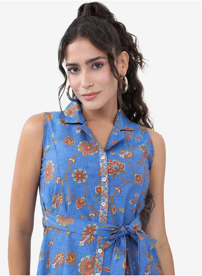 فيشود Vishudh Floral Printed Belted Shirt Midi Dress