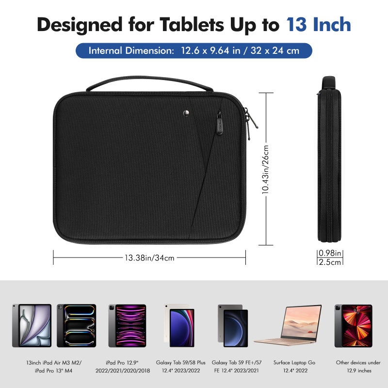 MoKo 12.9 Inch Tablet Sleeve Carrying Case with Handle, Padded Protective Travel Bag for New 13 Inch iPad Pro M5 & Air M3 2025, iPad Pro 12.9 M2&M1, Galaxy Tab S9/S8 Plus 12.4" 2023/2022, Black - Image 2