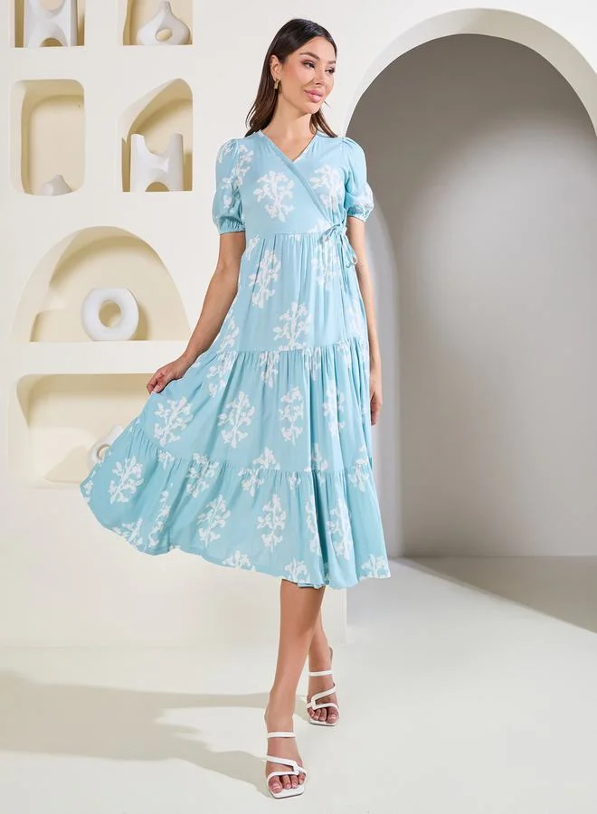 Styli Block Print Tiered Wrap Midi Dress