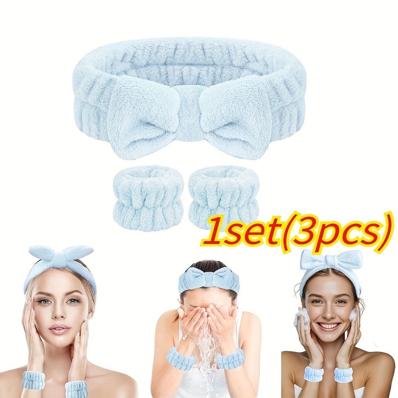Light Blue 3Pcs Absorbent Face Washing Wristband Sweatproof Plush Headband Set - Image 1