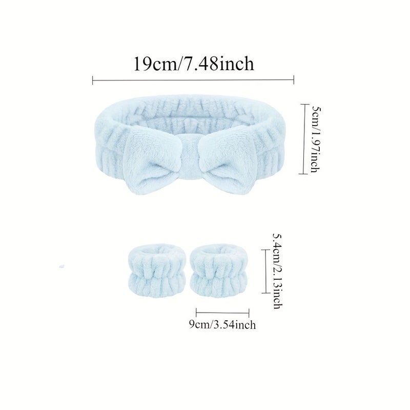 Light Blue 3Pcs Absorbent Face Washing Wristband Sweatproof Plush Headband Set - Image 4