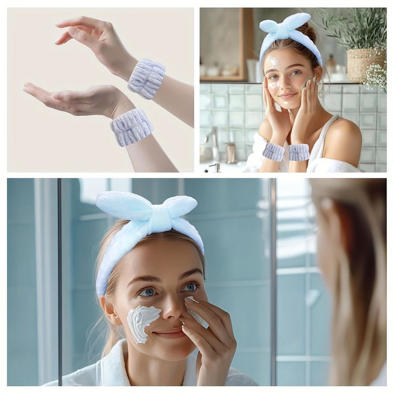 Light Blue 3Pcs Absorbent Face Washing Wristband Sweatproof Plush Headband Set - Image 2