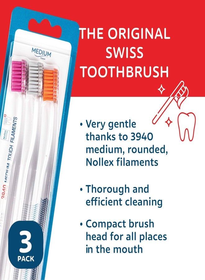 TELLO 3940 Adult Medium Swiss Toothbrush for Gentle Cleaning with Ergonomic Handle, 3 Count - Image 3