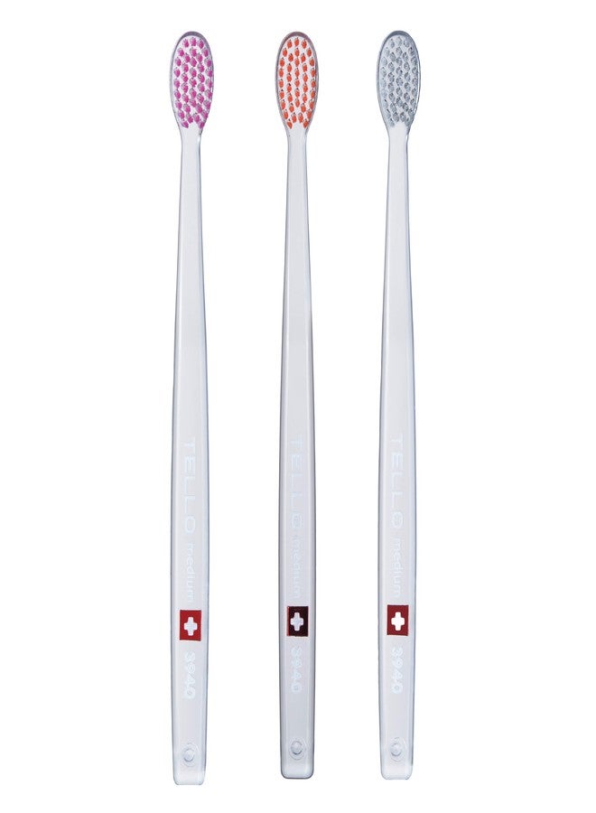 TELLO 3940 Adult Medium Swiss Toothbrush for Gentle Cleaning with Ergonomic Handle, 3 Count - Image 1