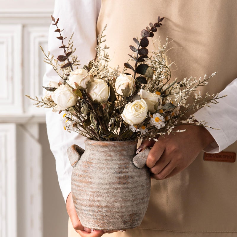 Vanselia Ceramic Flower Vase Home Decor - Farmhouse Table Vases with Handle Living Room Decoration Vintage Decorative Aesthetic for Shelf Coffee Dining Desk House Bookshelf Fireplace (6" Rustic) - Image 3