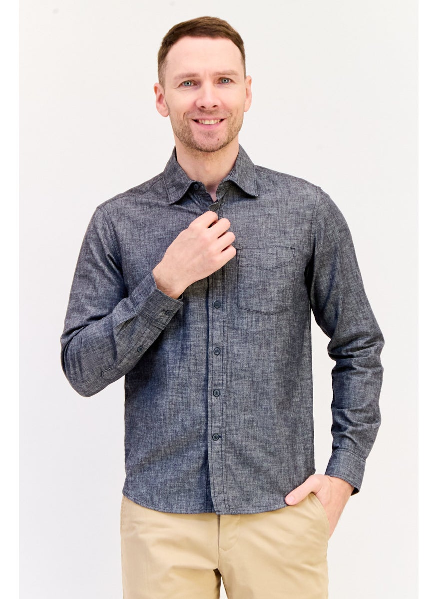 GAP Men Regular Fit Long Sleeve Chambray Shirt, Washed Black  - Image 1