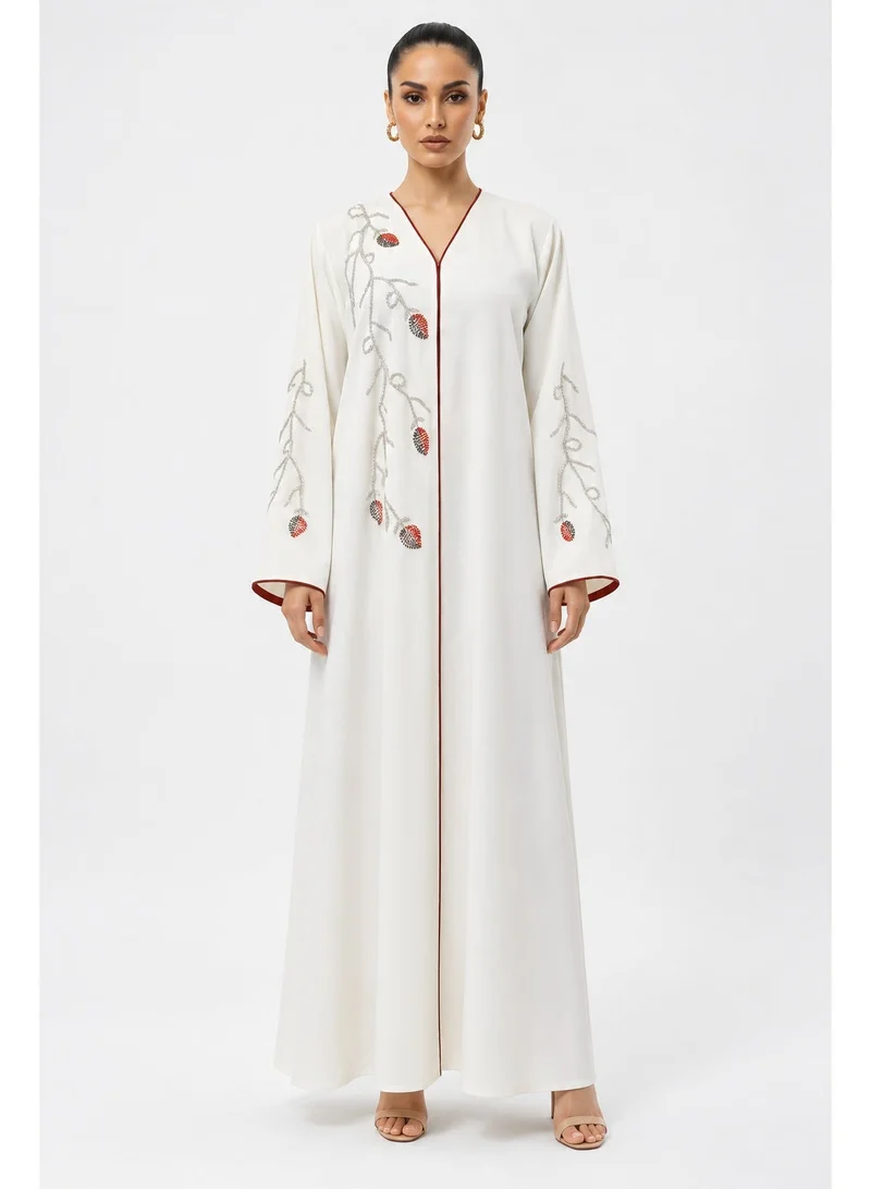 Aara Elegant Ivory White Women's Abaya with Navy Blue Embroidery and Decorative Beadwork