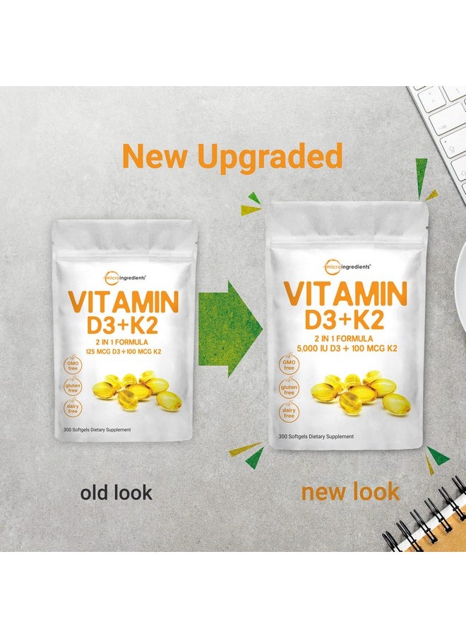 Micro Ingredients - Vitamin D3 5000 Iu With K2 100 Mcg 300 Softgels; K2 Mk7 With D3 Vitamin Supplement 2 In 1 Support Immune Heart Joint Teeth & Bone Health Easy To Swallow - Image 1