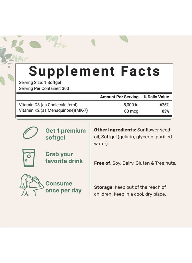 Micro Ingredients - Vitamin D3 5000 Iu With K2 100 Mcg 300 Softgels; K2 Mk7 With D3 Vitamin Supplement 2 In 1 Support Immune Heart Joint Teeth & Bone Health Easy To Swallow - Image 1