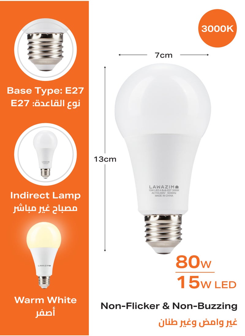 LAWAZIM 15W LED Bulb A70 E27 - 3 Piece 3000K Warm White- Energy Saving 80W Equivalent Non-Dimmable Lightbulbs with 1200 Lumens and Long-Lasting 15,000H Design - for Home, Kitchen, and Bedroom Lighting  - Image 2