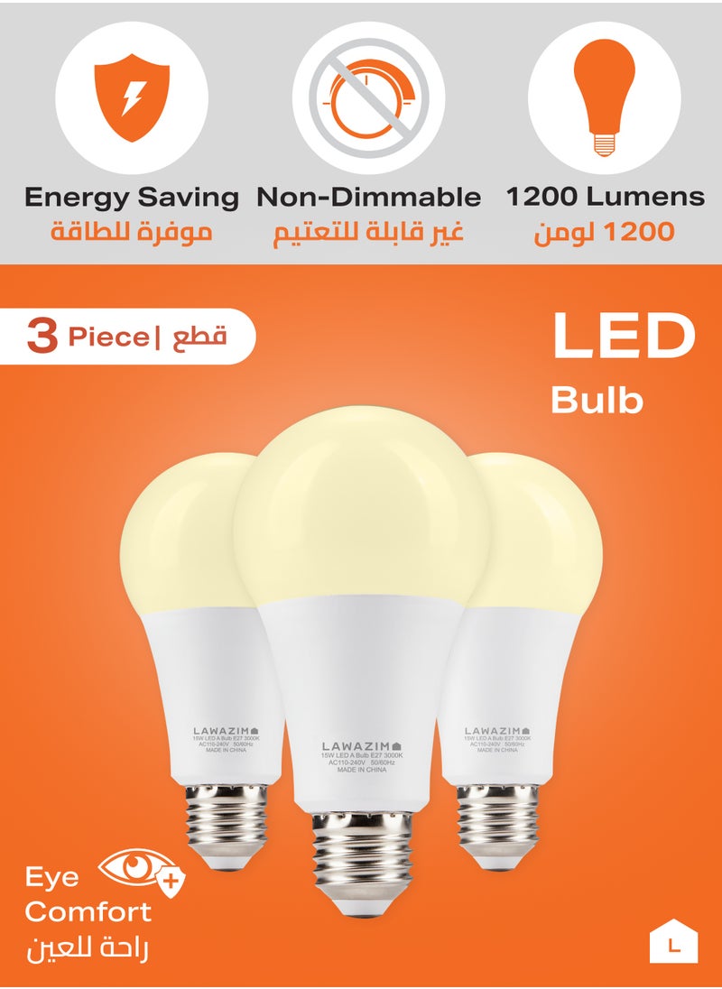 LAWAZIM 15W LED Bulb A70 E27 - 3 Piece 3000K Warm White- Energy Saving 80W Equivalent Non-Dimmable Lightbulbs with 1200 Lumens and Long-Lasting 15,000H Design - for Home, Kitchen, and Bedroom Lighting  - Image 3