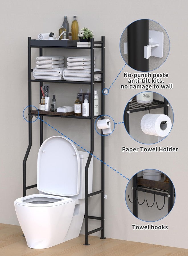 Livilord 3-Tier Over The Toilet Storage, Freestanding Metal Bathroom Shelves with 4 Hooks, Over Toilet Storage Shelf with Paper Holder, Above The Toilet Shelf for Bathroom Storage, Black - Image 4