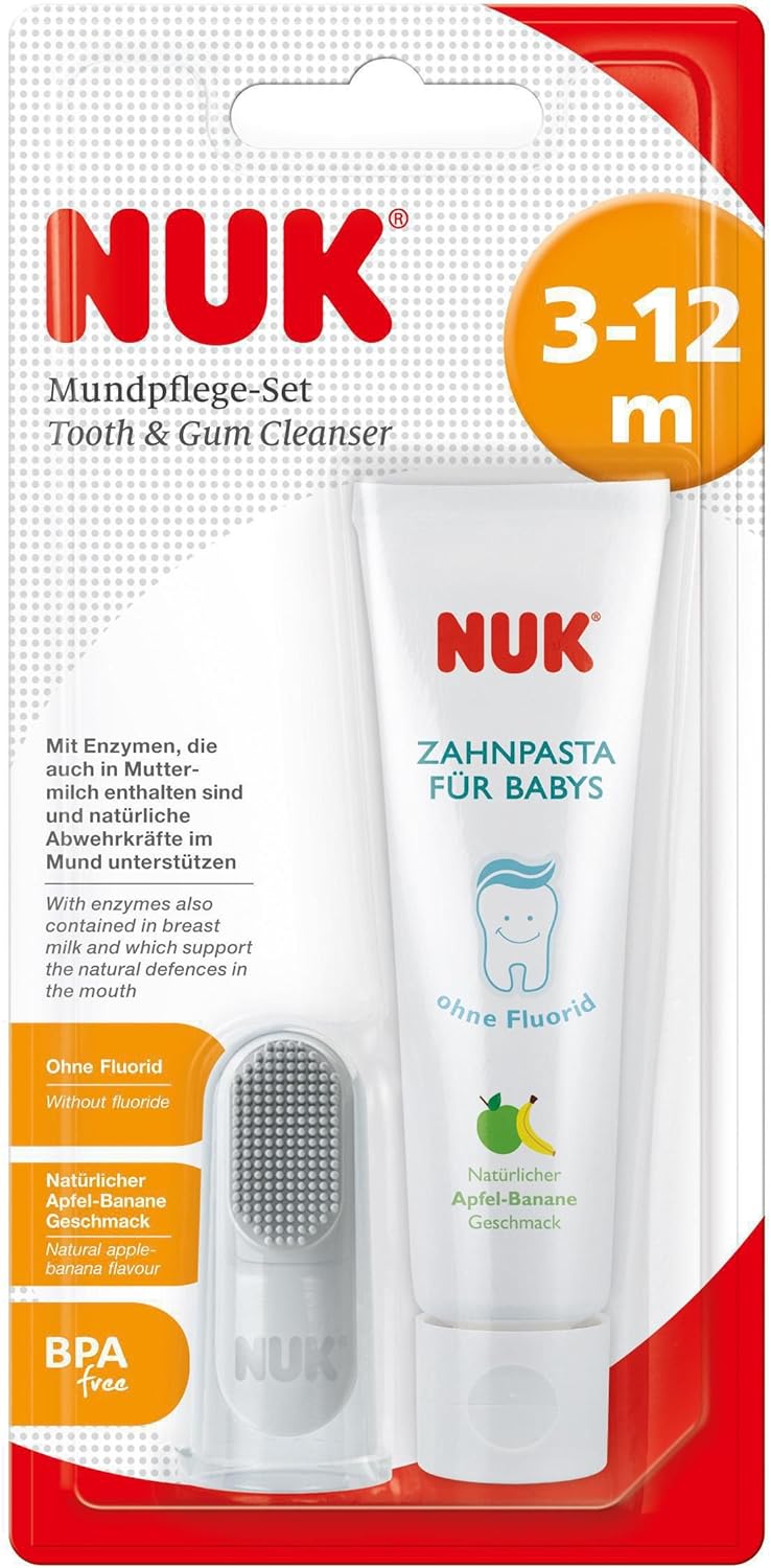 NUK 10256396 Oral Care Set Consisting of Baby Toothpaste with Natural AppleBanana Flavour and Finger ToothbrushBPA - Image 1