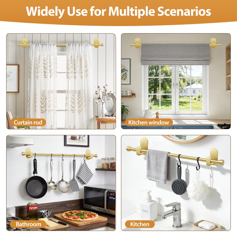 TONIAL Gold Curtain Rods No Drilling for Windows from 40 to 53 Inches, 5/8 Inch Curtain Rod 32 to 58 inch with Adhesive Brackets without drilling, Renter Apartment Friendly Adjustable Drapery Rods - Image 5
