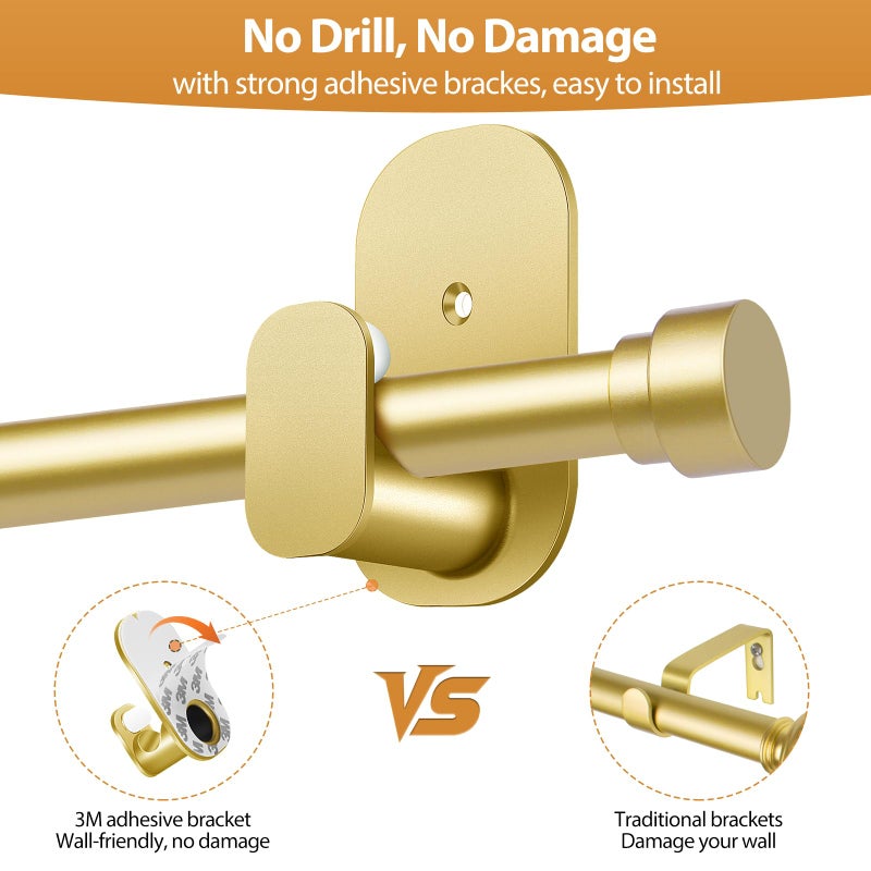 TONIAL Gold Curtain Rods No Drilling for Windows from 40 to 53 Inches, 5/8 Inch Curtain Rod 32 to 58 inch with Adhesive Brackets without drilling, Renter Apartment Friendly Adjustable Drapery Rods - Image 4