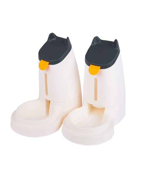 Pet water dispenser and feeder.  Feed gravity type, pack of 2; Self-Dispensing gravity pet drinker and feeder. For cats and dogs. White color with grey cover.