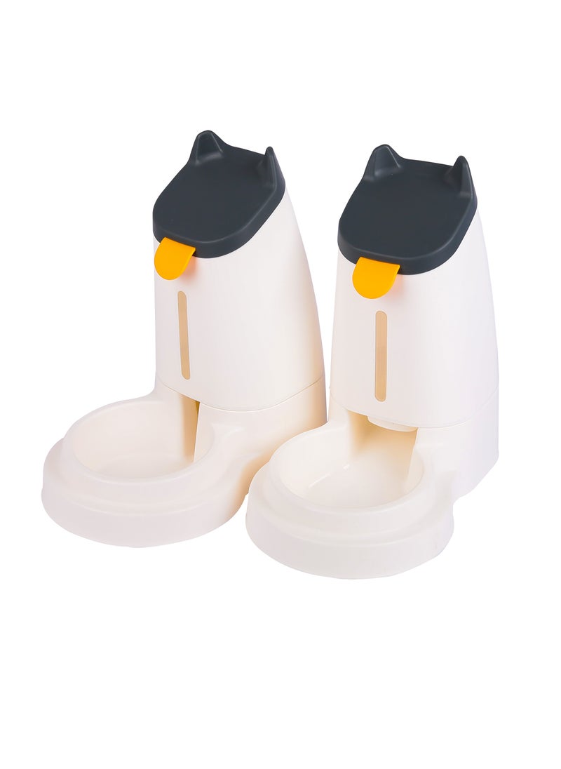 Pet water dispenser and feeder.  Feed gravity type, pack of 2; Self-Dispensing gravity pet drinker and feeder. For cats and dogs. White color with grey cover.