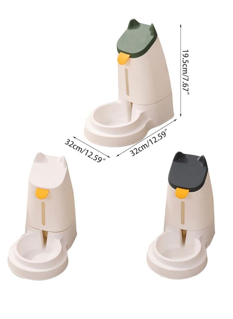 Pet water dispenser and feeder.  Feed gravity type, pack of 2; Self-Dispensing gravity pet drinker and feeder. For cats and dogs. White color with grey cover.