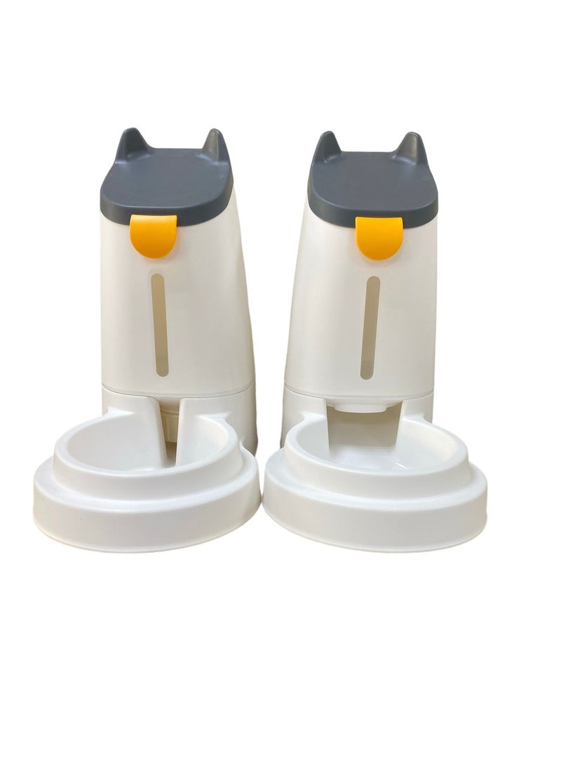 Pet water dispenser and feeder.  Feed gravity type, pack of 2; Self-Dispensing gravity pet drinker and feeder. For cats and dogs. White color with grey cover.