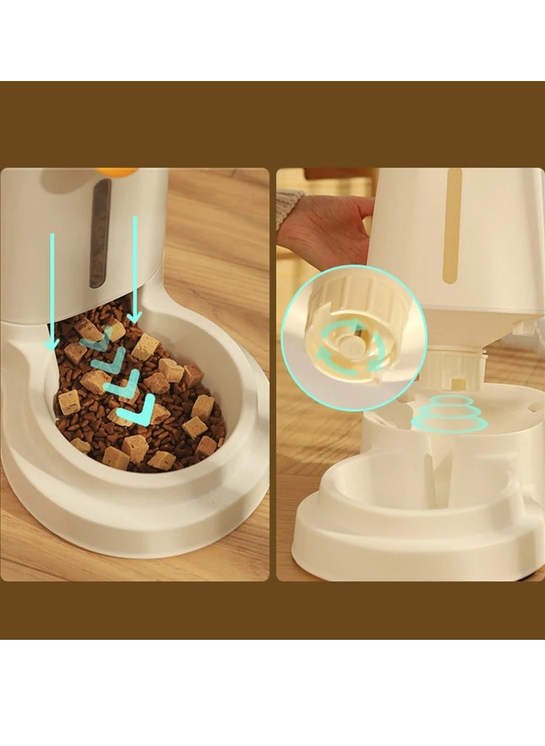 Pet water dispenser and feeder.  Feed gravity type, pack of 2; Self-Dispensing gravity pet drinker and feeder. For cats and dogs. White color with grey cover.