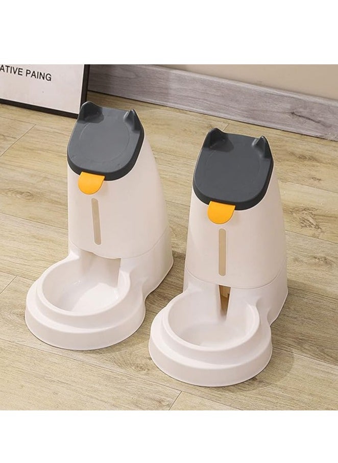 Pet water dispenser and feeder.  Feed gravity type, pack of 2; Self-Dispensing gravity pet drinker and feeder. For cats and dogs. White color with grey cover.