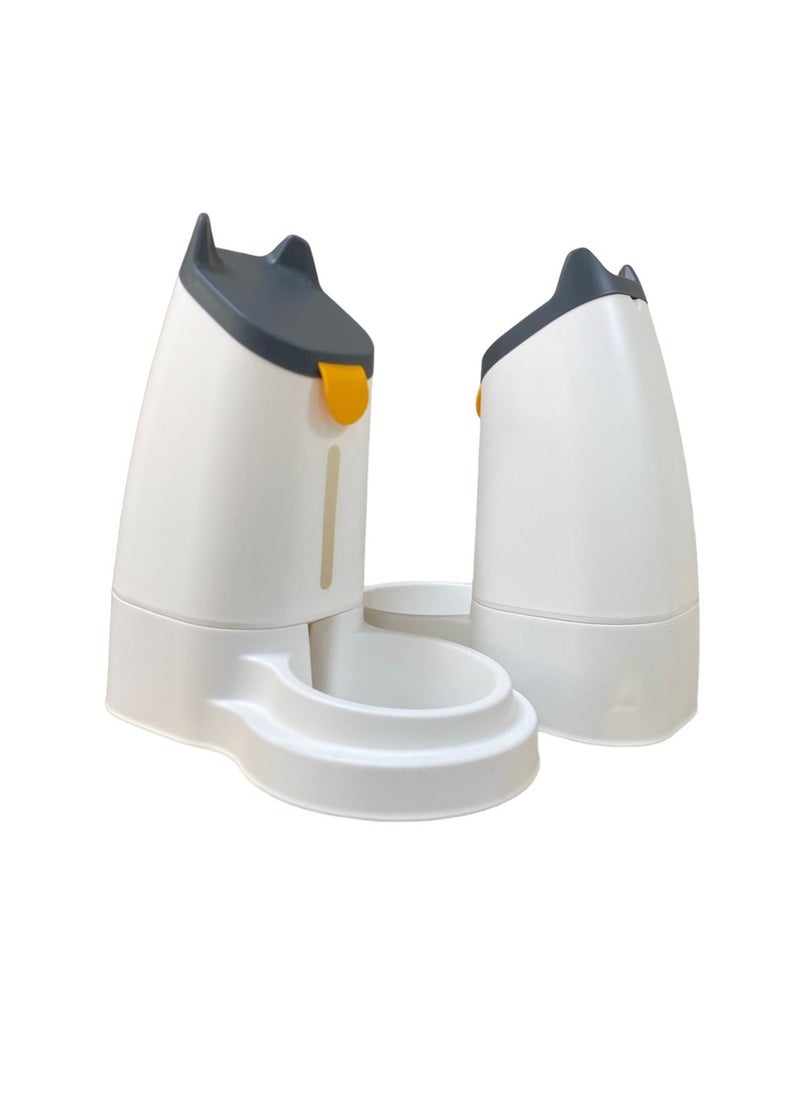 Pet water dispenser and feeder.  Feed gravity type, pack of 2; Self-Dispensing gravity pet drinker and feeder. For cats and dogs. White color with grey cover.