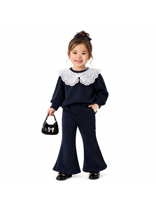 Smarties AE Girls 2 Piece Outfit Set for Toddlers 1-4 Years, Long Sleeve Sweatshirt with Elegant Embroidered Lace Peter Pan Collar & Flared Pants, Casual Fashion Clothing Set for Baby Girls - Image 5