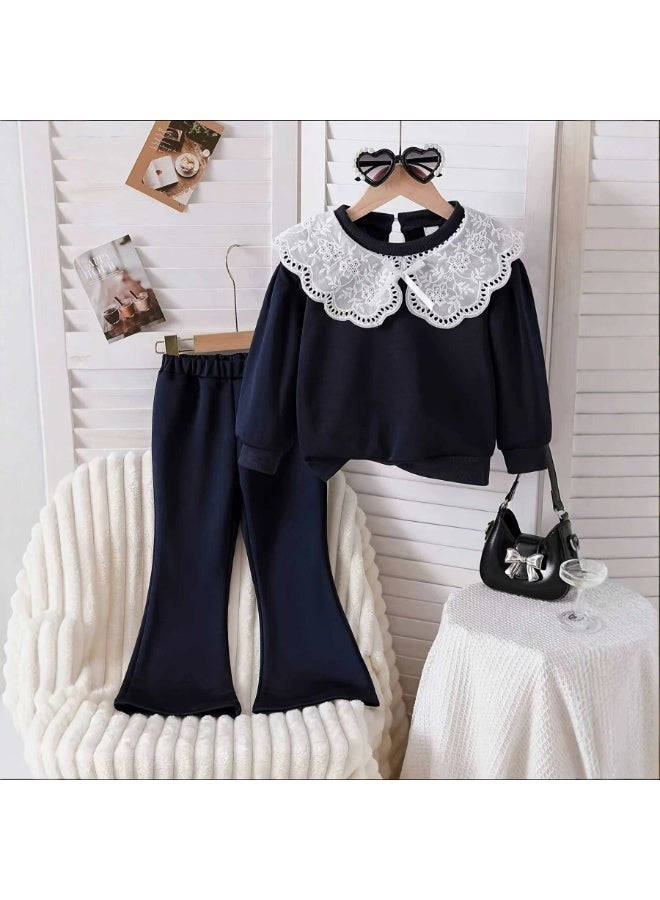 Smarties AE Girls 2 Piece Outfit Set for Toddlers 1-4 Years, Long Sleeve Sweatshirt with Elegant Embroidered Lace Peter Pan Collar & Flared Pants, Casual Fashion Clothing Set for Baby Girls - Image 2