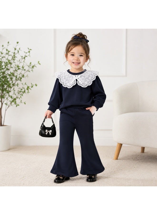 Smarties AE Girls 2 Piece Outfit Set for Toddlers 1-4 Years, Long Sleeve Sweatshirt with Elegant Embroidered Lace Peter Pan Collar & Flared Pants, Casual Fashion Clothing Set for Baby Girls - Image 1