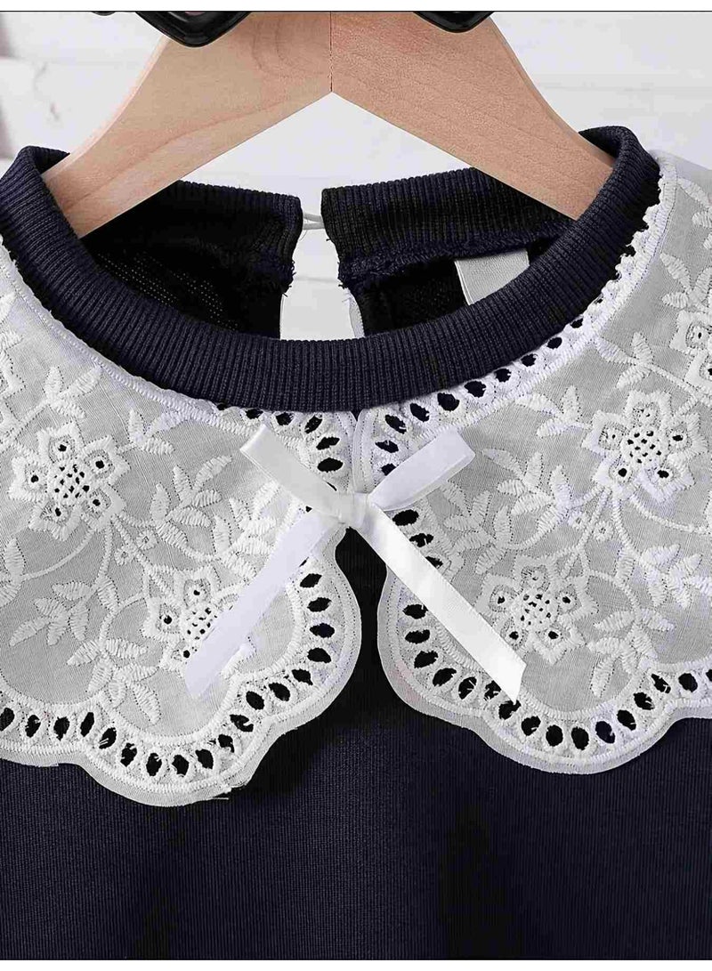 Smarties AE Girls 2 Piece Outfit Set for Toddlers 1-4 Years, Long Sleeve Sweatshirt with Elegant Embroidered Lace Peter Pan Collar & Flared Pants, Casual Fashion Clothing Set for Baby Girls - Image 3