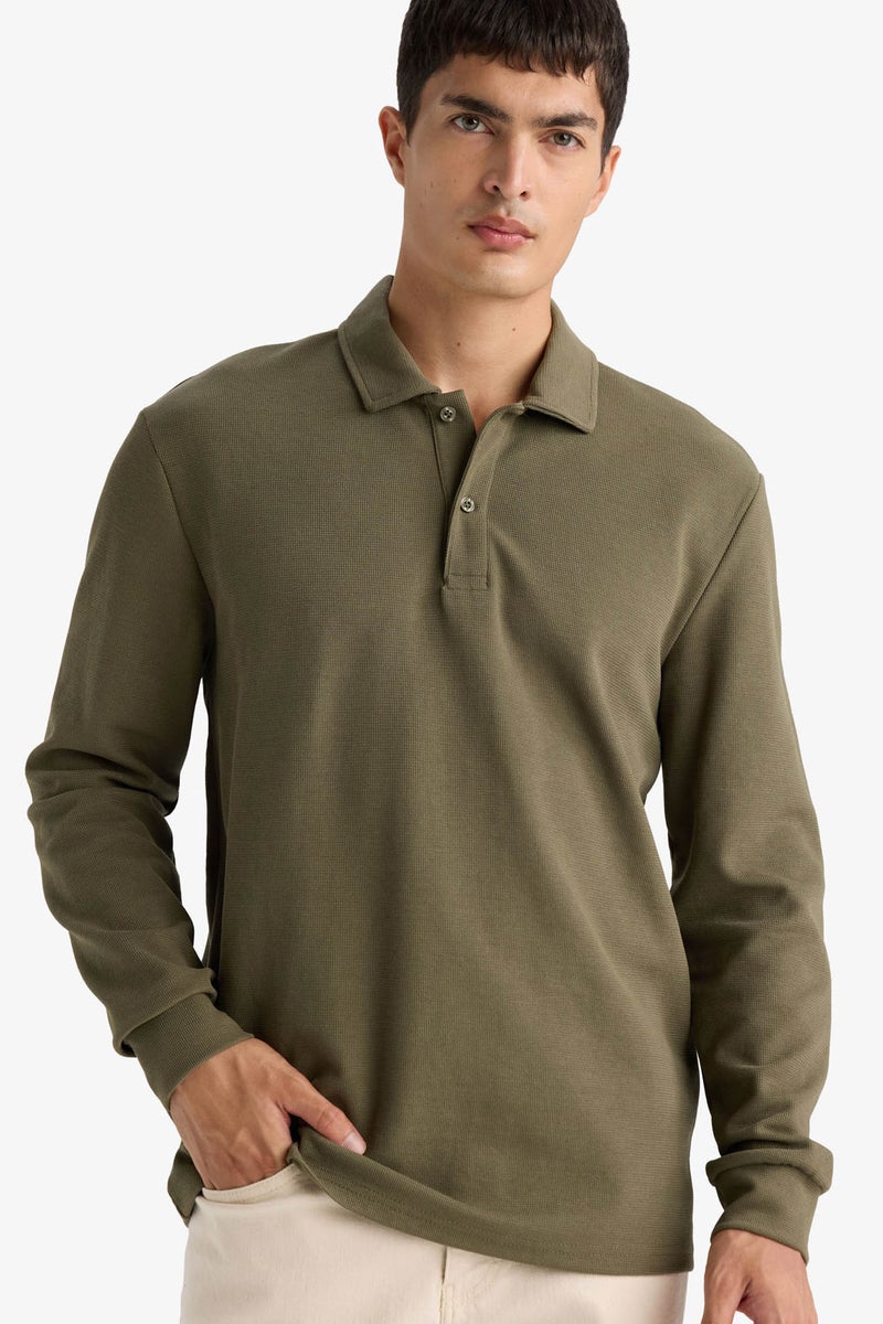 DeFacto Green Man Regular Fit Waffle Polo Collar Long Sleeve Sweatshirt Casual - Image 1