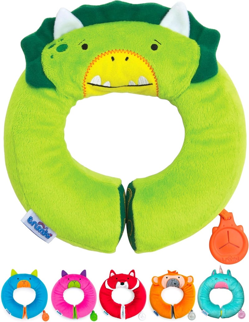 trunki Kid's Travel Neck Pillow and Chin Rest | Support Sleepy Heads in The Car Seat, Plane, Bike or Pram | Yondi Small Dudley Dinosaur (Green) - Image 1