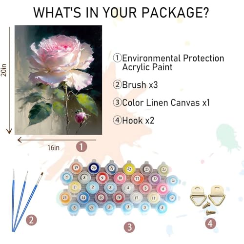 xackcme Rose Paint by Numbers for Adults Flower Paint by Number on Canvas Without Frame DIY Floral Oil Painting for Gift Home Wall Decor 16x20 inch - Image 3