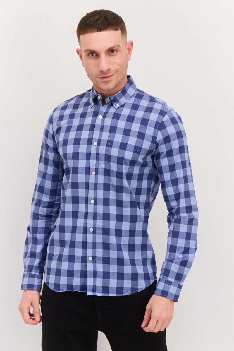 GAP قميص رجالي بأكمام طويلة بتصميم جينغham ضيق، أزرق - Image 1