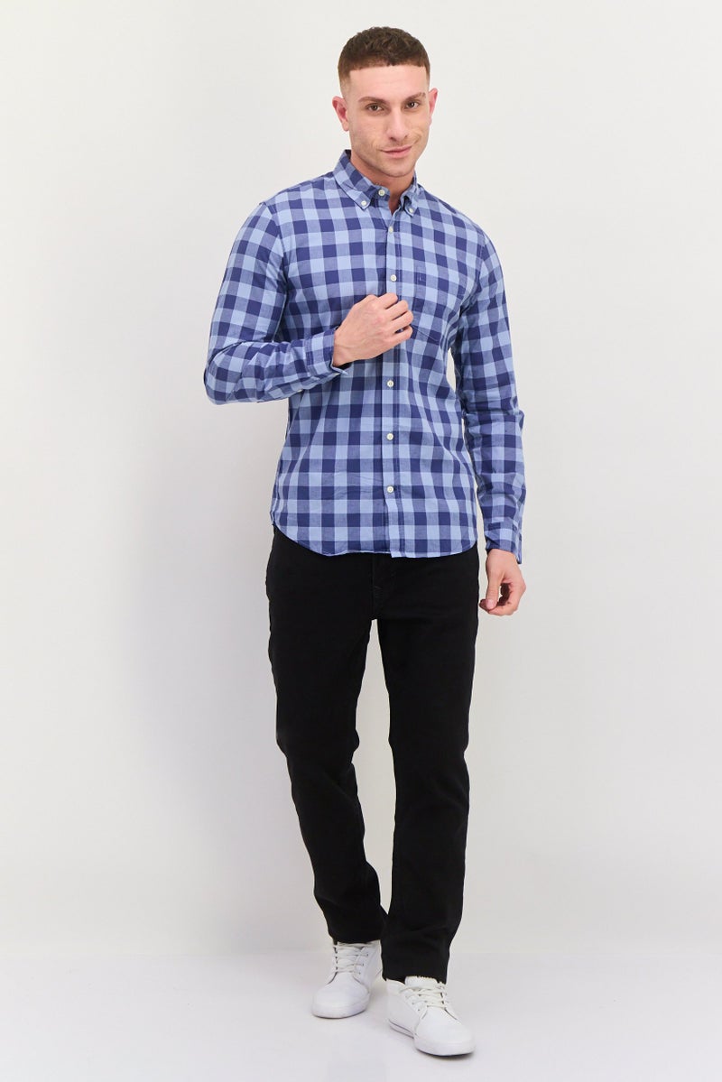 GAP قميص رجالي بأكمام طويلة بتصميم جينغham ضيق، أزرق - Image 4