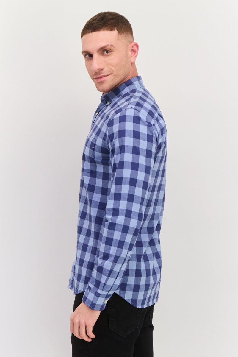 GAP قميص رجالي بأكمام طويلة بتصميم جينغham ضيق، أزرق - Image 3