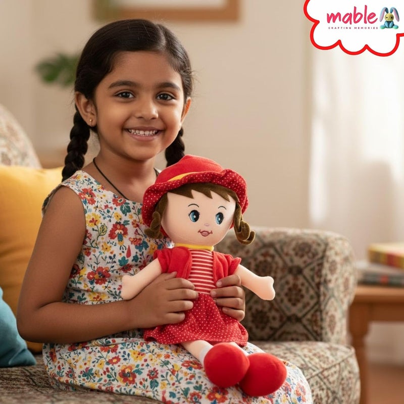 MABLE دمية مابل وينكي الناعمة المصنوعة من الفرو للبنات | دمية محشية لطيفة جدًا للأطفال والرضع | لعبة دمية جميلة لأوقات اللعب والنوم (اللون الأحمر، طول 40 سم) - Image 3